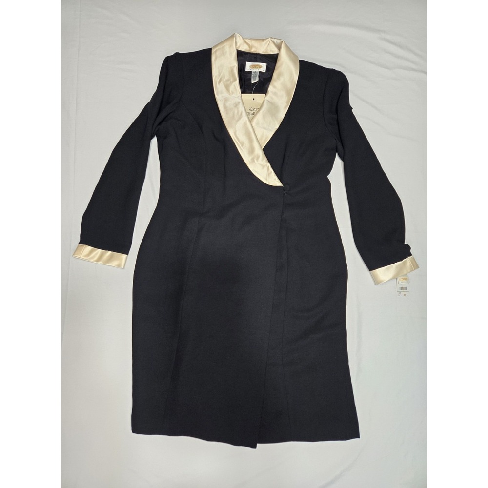 Vtg Talbots 8 Petite Tuxedo Wrap Dress Suit Silk Trim Black/Champagne Luxe NWT